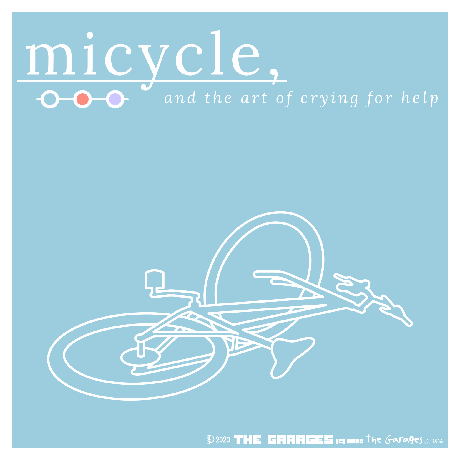 A line drawing of a bicycle that has fallen over, with title graphics above it.